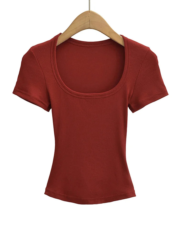 Women's Square Collar Slim Fit Crop Top High Stretch Short Sleeve Pullover Sexy Summer Blouse T-shirt Bottoming