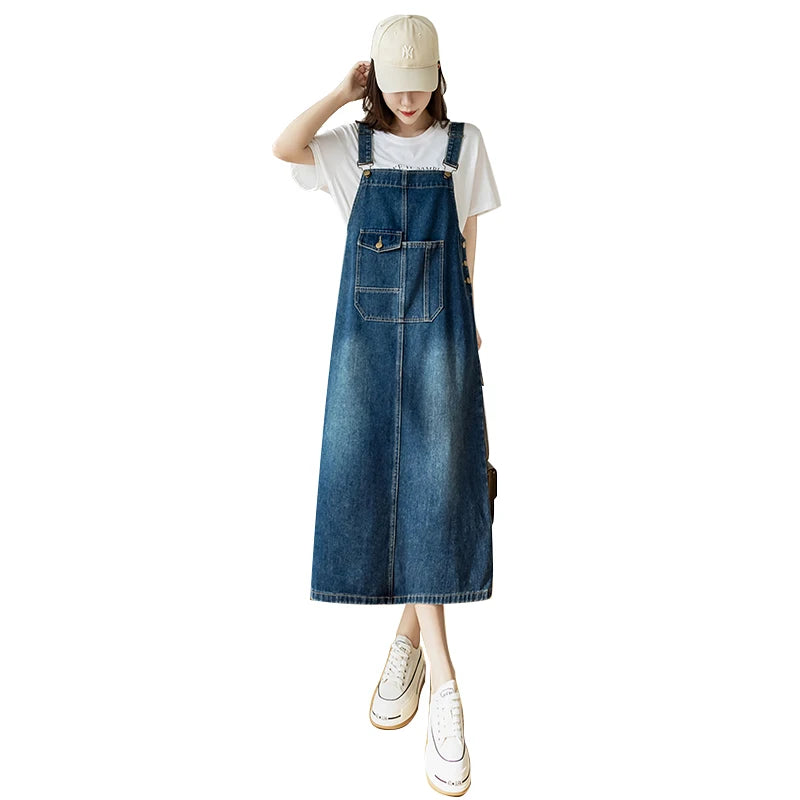 Women Denim Dresses Spring Summer Large Pocket Loose Casual Mid  Length Jean Suspender Straps Dress Korean Versatile Vestidos