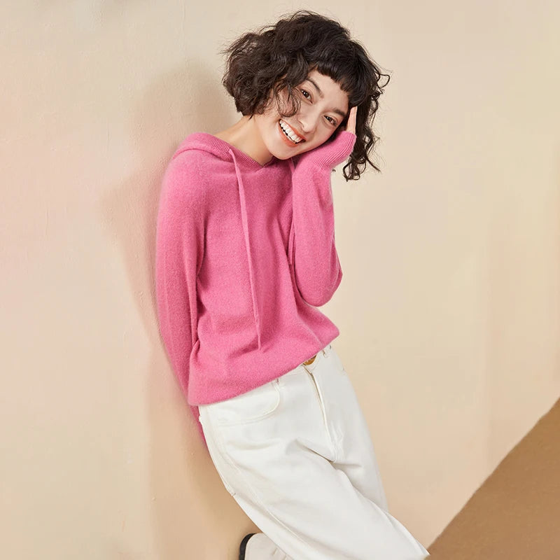 Autumn and winter new women's sweater 100% pure cashmere knitted hooded collar pullover soft solid color hot selling women's top