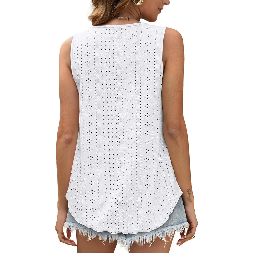 Womens Tank Tops Sleeveless Eyelet Embroidery Scoop Neck Loose Fit Casual Summer Flowy