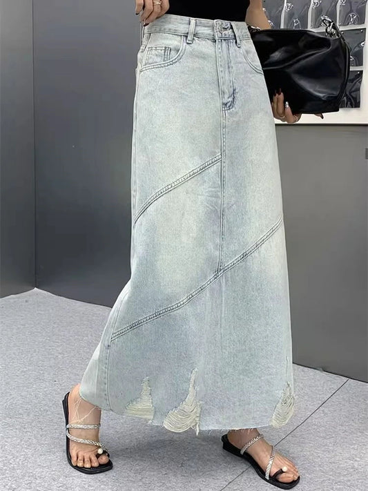 Women's Vintage Ripped A-line Long Denim Skirt Cool Girl Vintage Fashion Summer Female Street Style Ankle-length Large Skirts