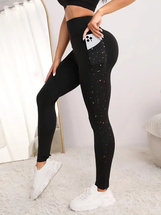 Star patterned sports yoga pants, stretch running and fitness tight pants with phone pocket, women's sportswear wide waistband