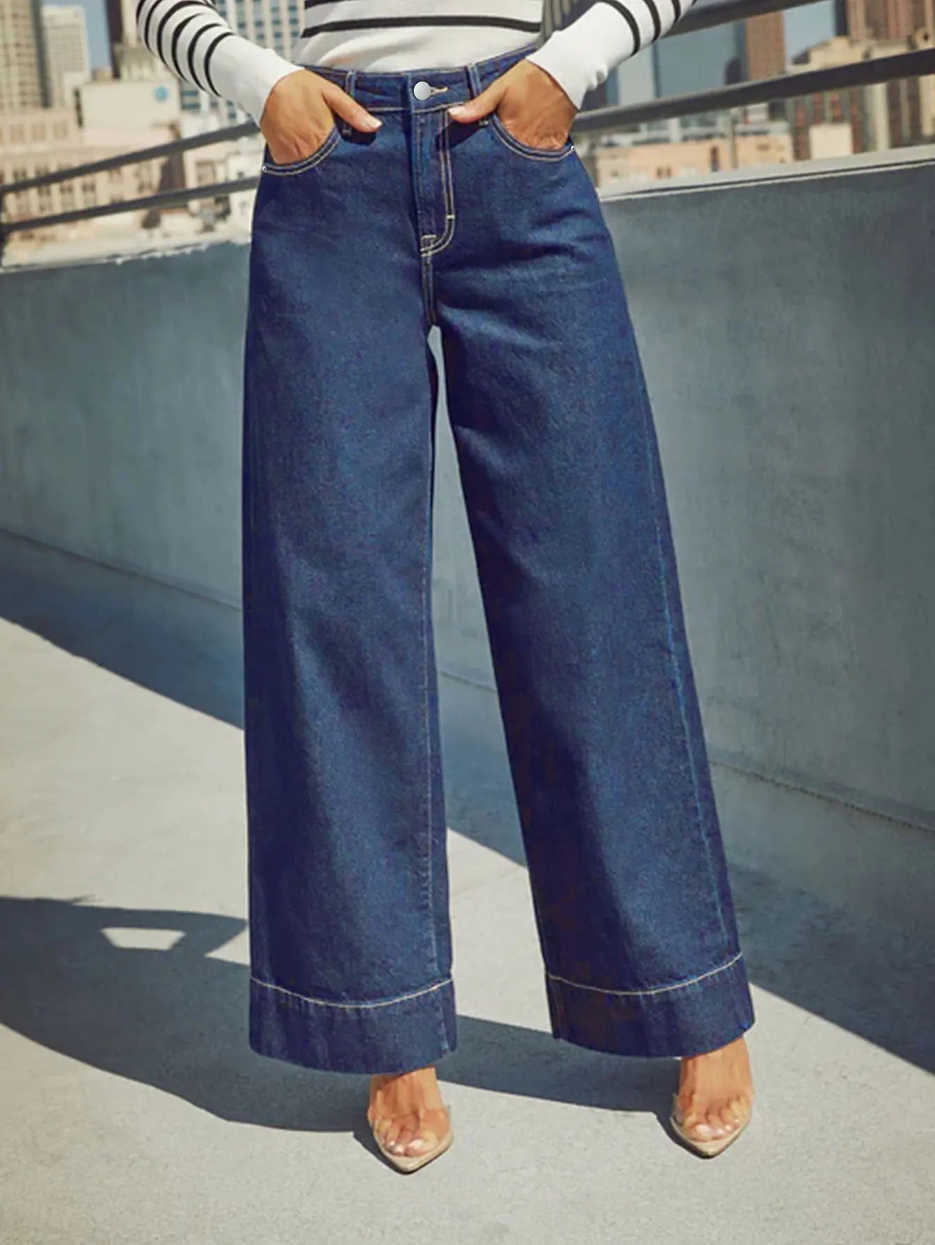 2025 New Summer Women's High Waist Wide Leg Jeans - Classic dark blue washed stretch jeans with button fly for an elegant style.