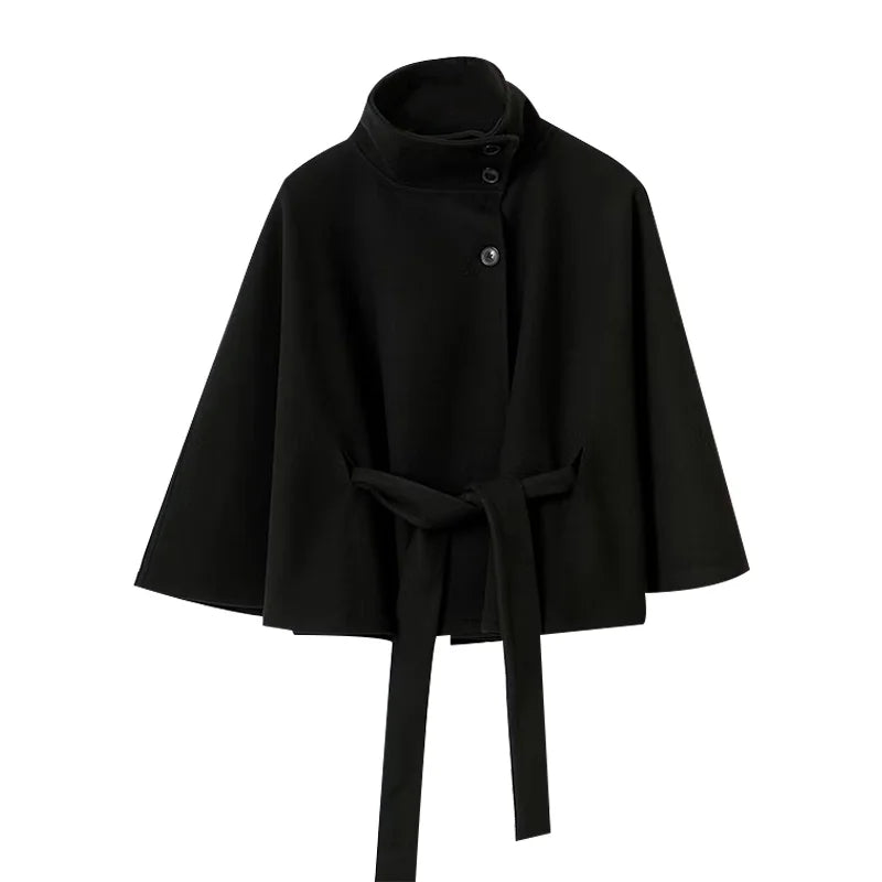 Womens Short Cape Coats For Women Belt Faux Wool Blends Coats Autumn Winter Solid Coats Elegant Cloak Jacket Ladies 2025