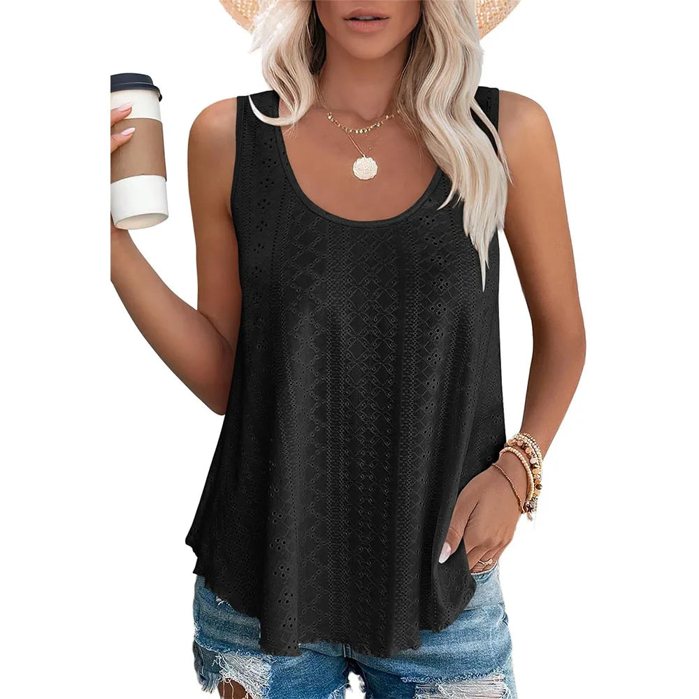 Womens Tank Tops Sleeveless Eyelet Embroidery Scoop Neck Loose Fit Casual Summer Flowy