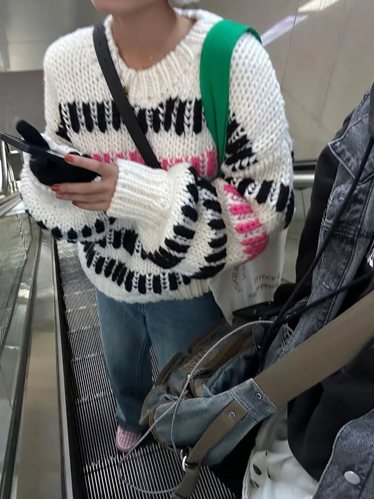 Women Multi Color Striped Thick Casual Round-neck Sweater 2024 Winter Niche Design Chunky Jumper Knit Top