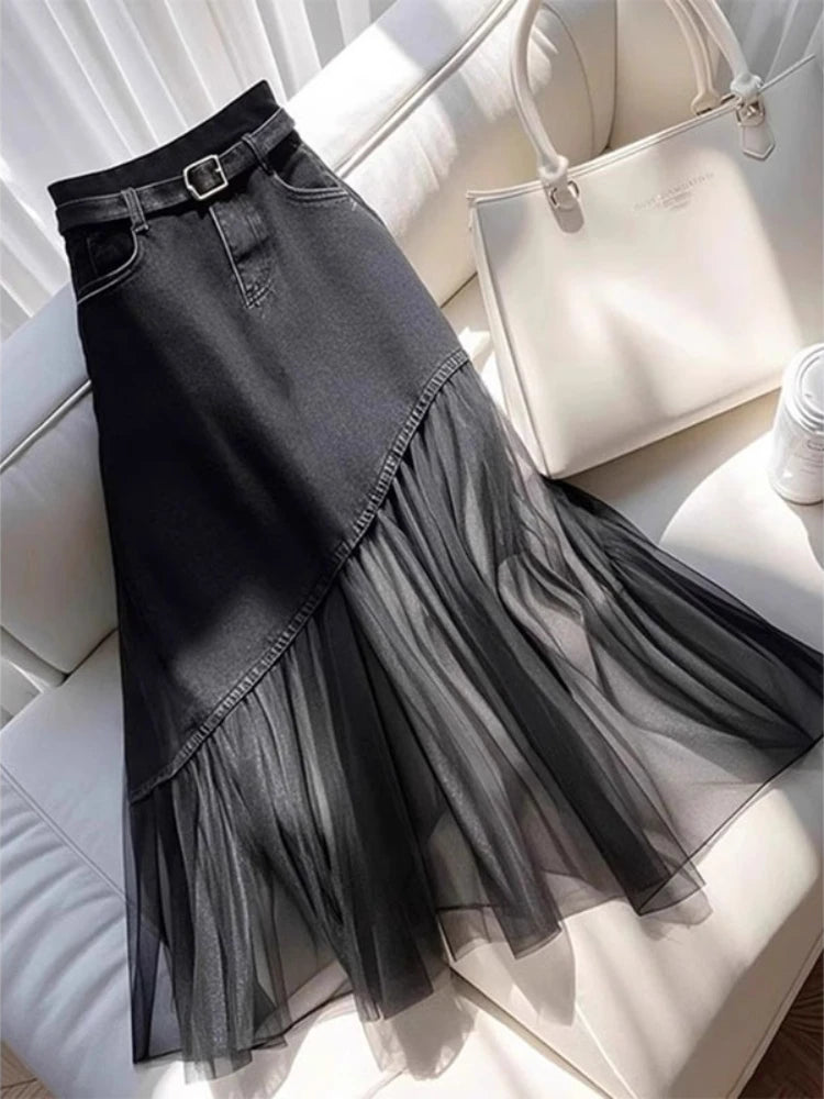 French Elegant Fashion Women's Plus size Hight Waist A Line Denim Patchwork Skirt Female Summer Casual Lone Skirt Office Clothes