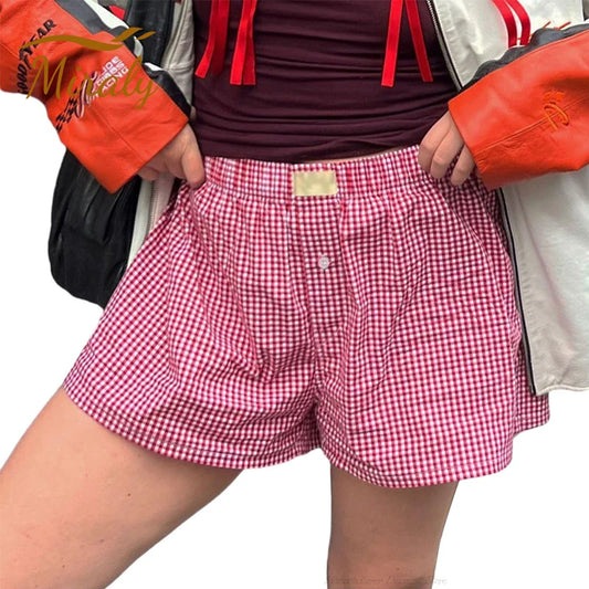 2025 New Women Plaid Lounge Boxer Shorts Cute Summer Y2K Casual Pajama Bottoms Sleep Gingham Shorts Beach Tracksuit Jogging Pant