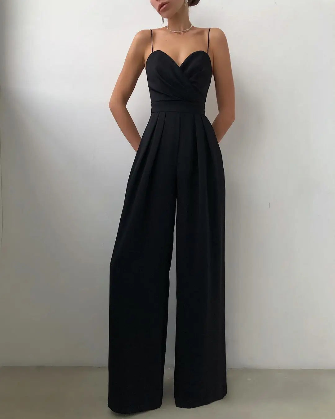 Chic Spaghetti Straps Wide Leg Pants Jumpsuits Elegant Fashion Women Ladies V-Neck High Waist Long Rompers Sleeveless Suit