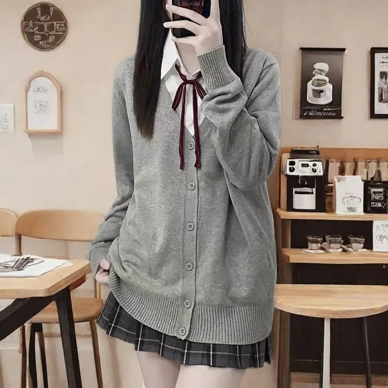 Japanese fashion solid color V-neck knitted sweater,original newJK uniform cardigan top,autumn and winter women's cotton sweater
