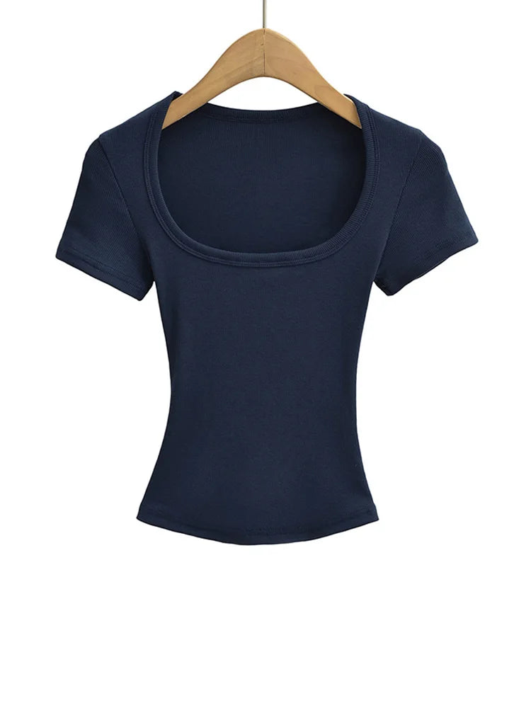 Women's Square Collar Slim Fit Crop Top High Stretch Short Sleeve Pullover Sexy Summer Blouse T-shirt Bottoming