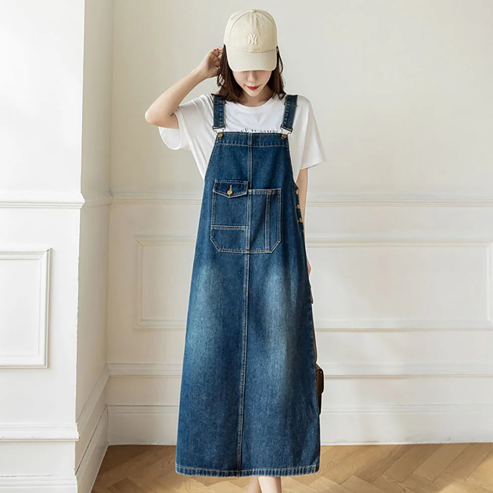 Women Denim Dresses Spring Summer Large Pocket Loose Casual Mid  Length Jean Suspender Straps Dress Korean Versatile Vestidos