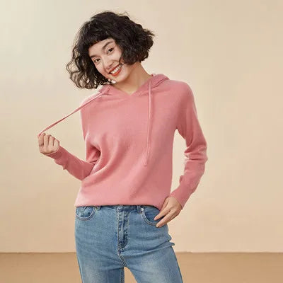 Autumn and winter new women's sweater 100% pure cashmere knitted hooded collar pullover soft solid color hot selling women's top