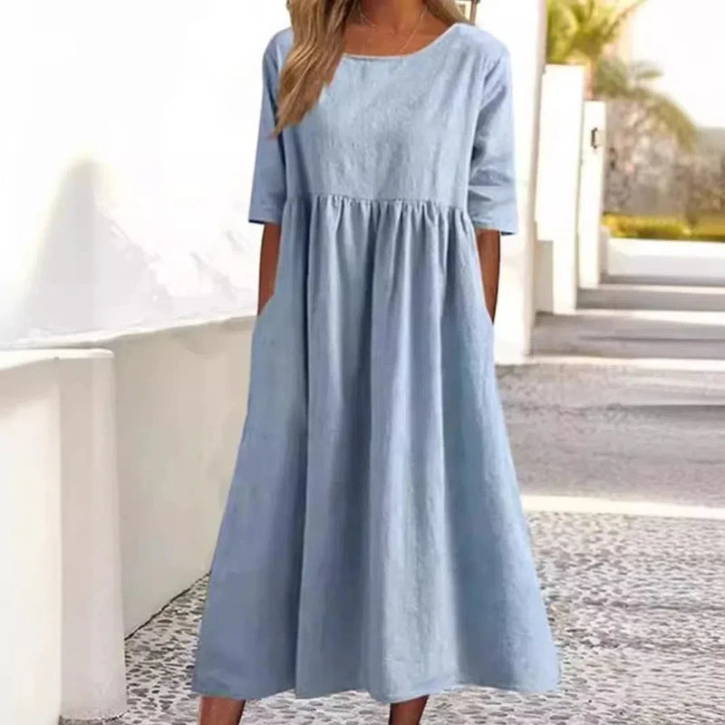 Summer New Cotton and Linen Casual Short Sleeve Pocket Fold Loose Round Neck Women's Dress 300