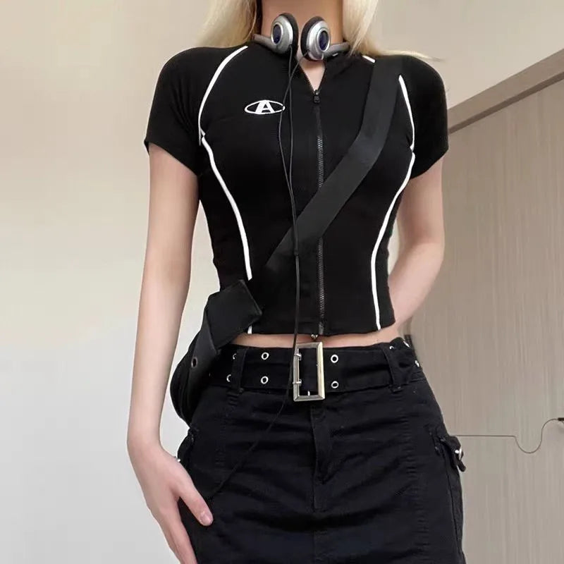 Summer Stand Up Collar Short Sleeved Women's T-shirt Short Style Unique and Chic Slimming Design Top
