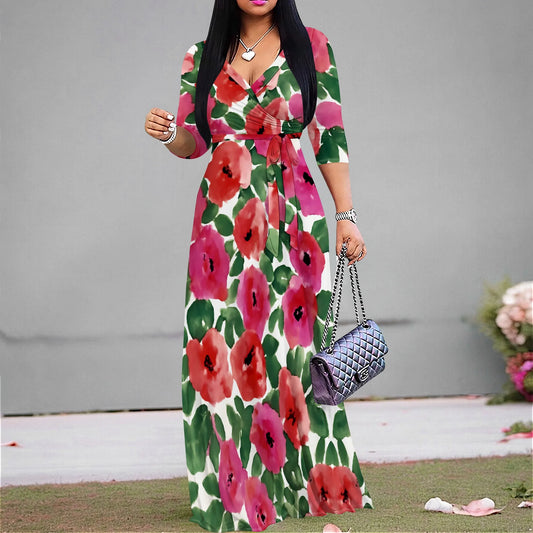 Floral Print Women's Wrap Maxi Dress 2025 New Arrival V-Neck Belted Casual Party Dress XS-3XL