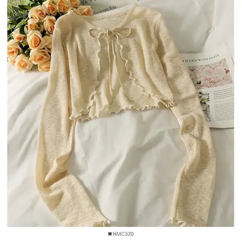 Women Frenum Cardigan Blouses and Tops Bow Lace Up Long Sleeve Crop Top Female Elegant Shirt Thin Aesthetic Clothes Korean Style
