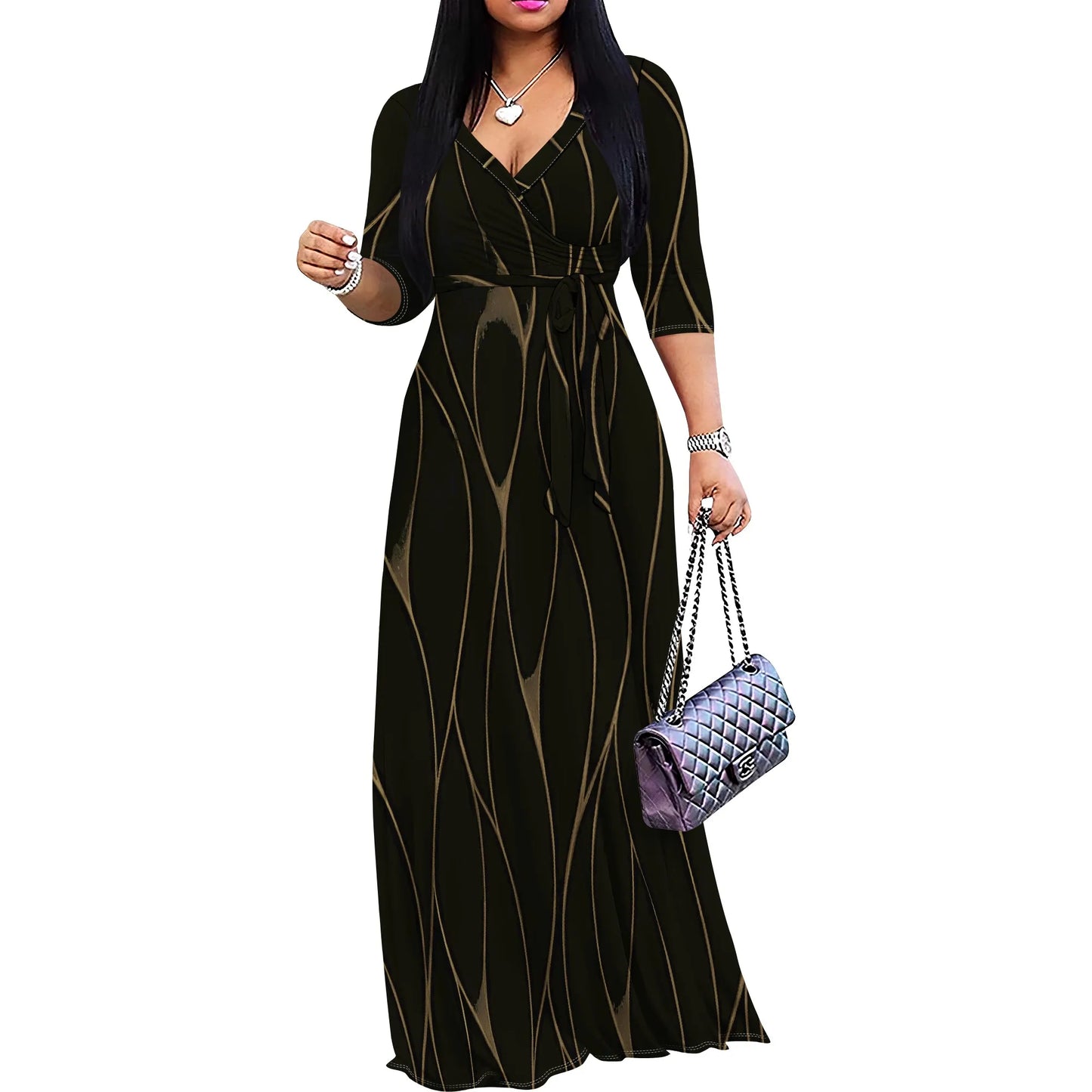 Plaid Wrap Maxi Dress (S-3XL) – Elegant Brown & White Colorblock Dress for Fall, Casual Outings & Holidays