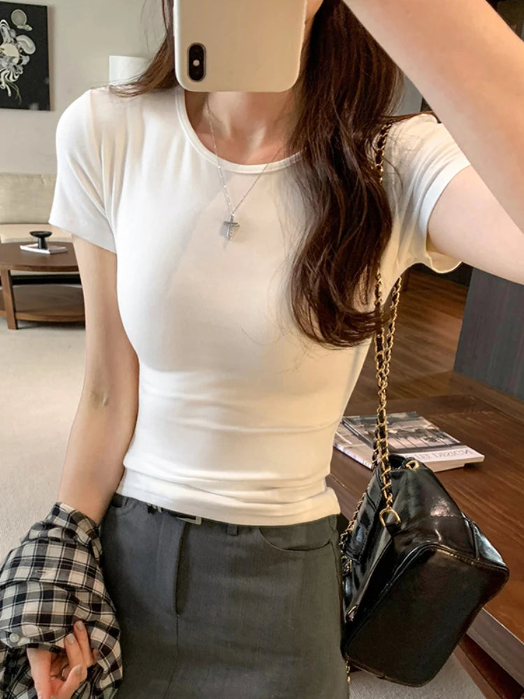 2025 O Neck Solid T Shirt For Women Basic T-shirts Female Casual Tops Long Sleeve Sexy Slim Tees Korean Style Womens Clothing