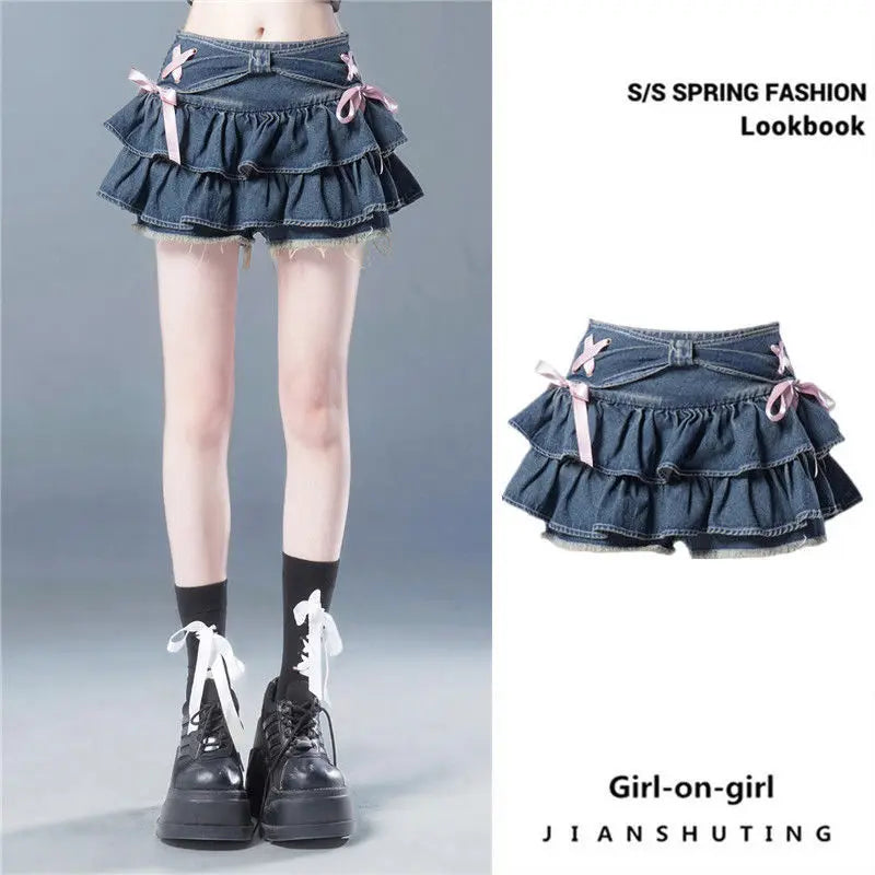 Blue Denim Pleated Skirt Bow Fold Design Women's A-line Short Skirt Built in Shorts American Spicy Girl Korean Fashion Hotsweet