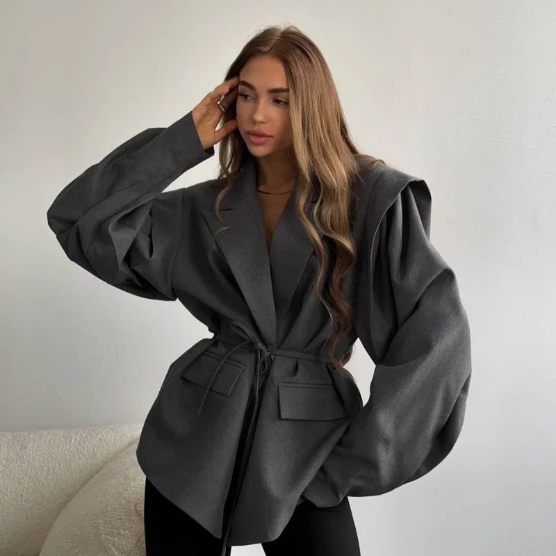 Solid Lace Up Lapel Jacket Women Fashion V Neck Long Sleeve Waist Cinching Autumn Short Coat 2025 New Office Lady Chic Outerwear