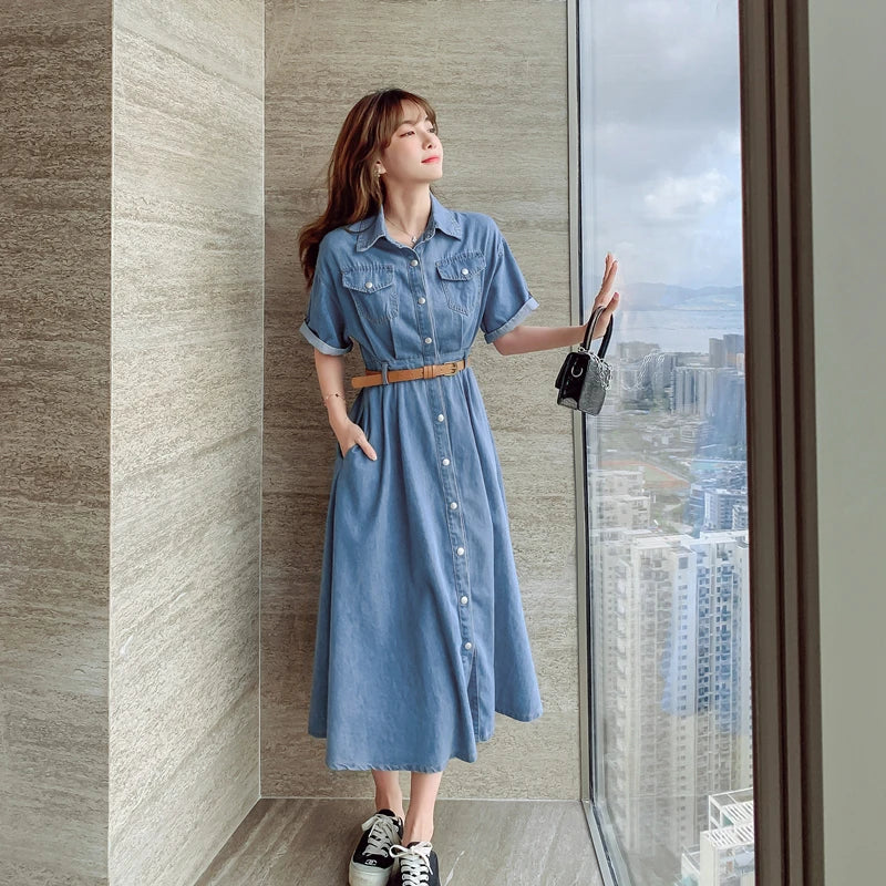 Women Denim Dress Vintage Turn-Down Collar Pockets Single Breasted Slim Korean Fashion Casual Clothes + Belt One Denim Long Robe