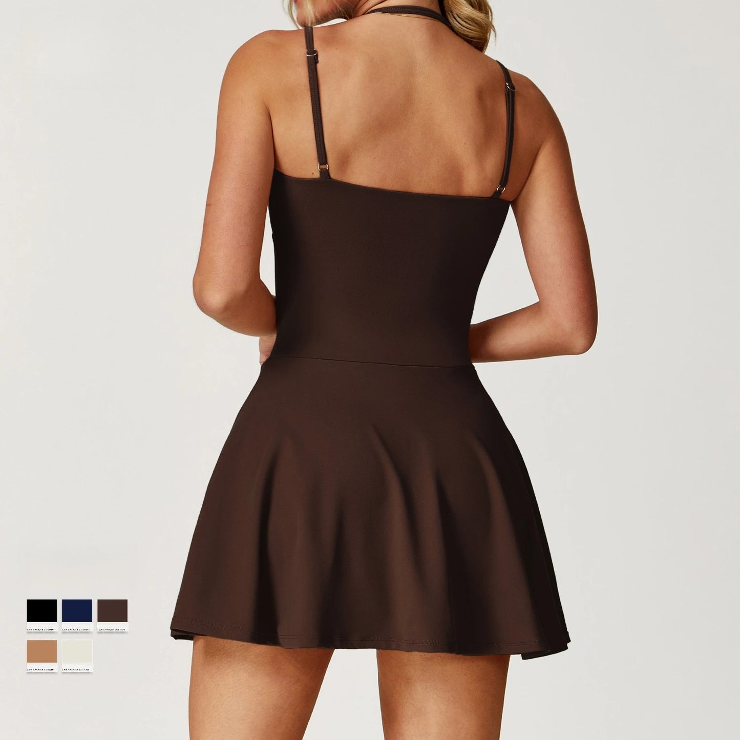 Sexy Backless Tennis Bodycon Dress with Shorts Pocket Women Sportwear One Piece Gym Set Sleeveless Yoga Fitness Mini Dress Black
