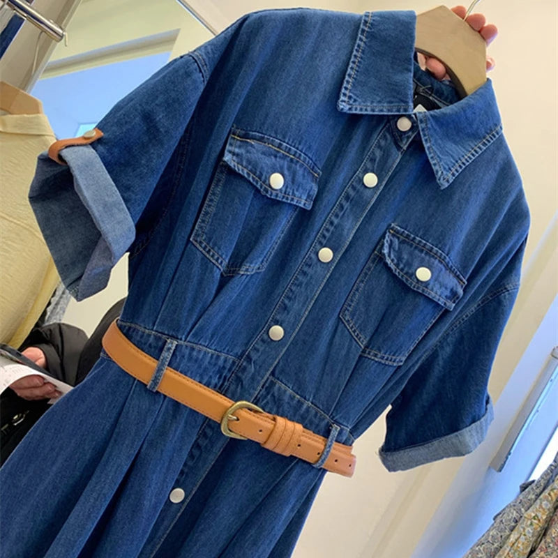 Women Denim Dress Vintage Turn-Down Collar Pockets Single Breasted Slim Korean Fashion Casual Clothes + Belt One Denim Long Robe