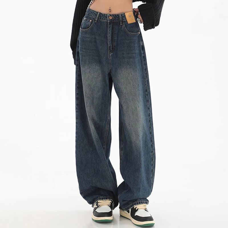 Woman High Waist Slim Fit Wide Leg Jeans Female High Street Y2k 2000s Casual Pants Lady Fashion Black Blue Loose Denim Trouserse