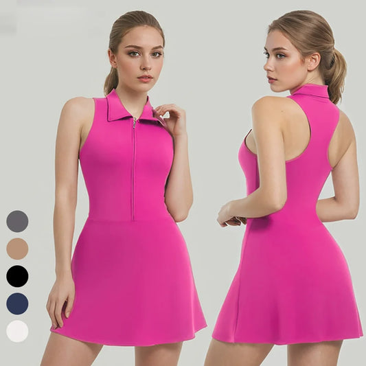 Lapel With Zipper Yoga One-Piece Tennis Dress Slimming High-Waisted Anti-Glare Sportswear Fitness One-Piece Dress