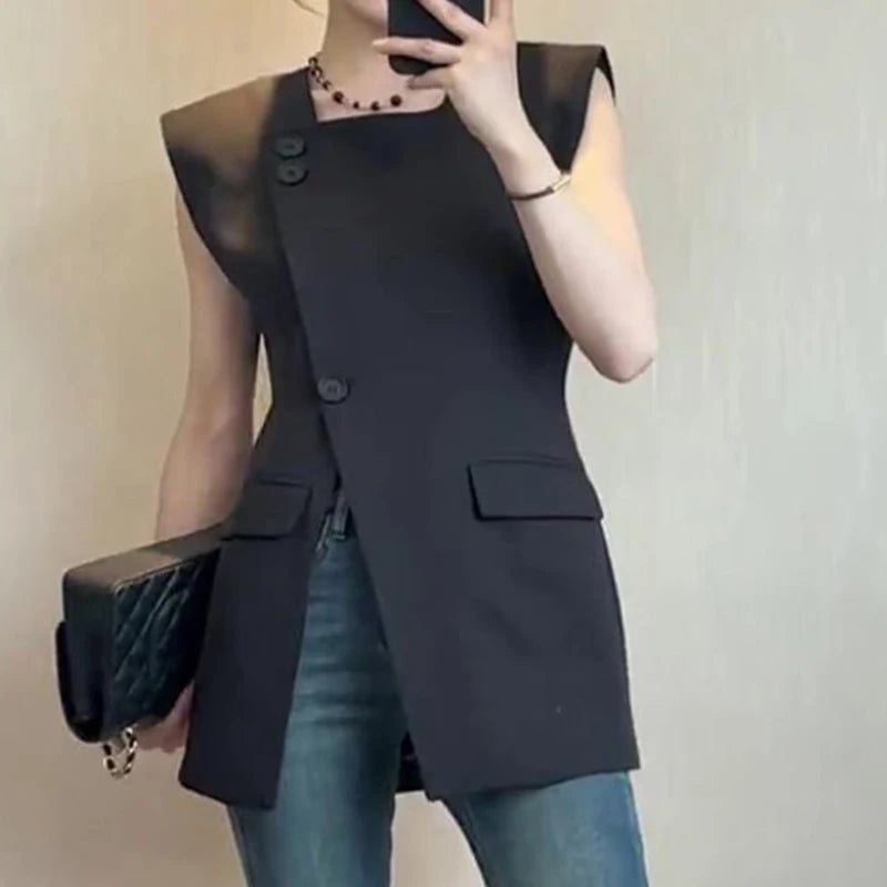 2025 European Black Suit Vest Summer Square Neck  Wide Shoulder Waistcoat Commuter Design Split Sleeveless Top femininas