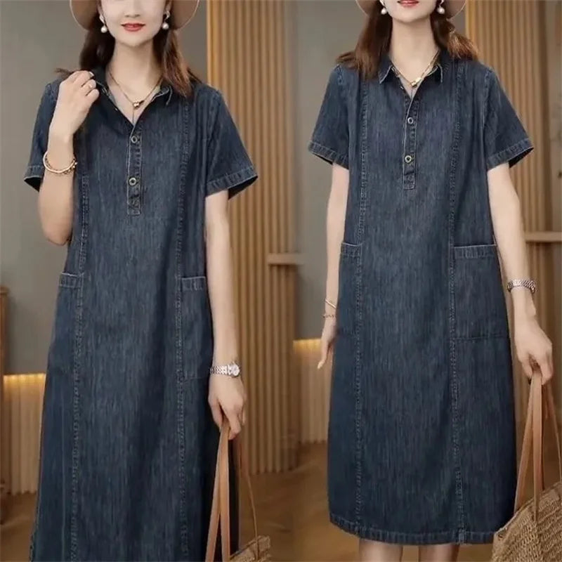Short sleeved Shirt Denim Dress for women 2025 Summer New Korean version Loose with pockets Casual Thin Denim Dress Female