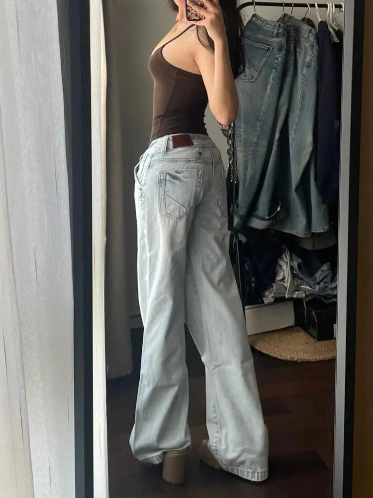 Streetwear Low Rise Flared Jeans  Vintage Slim-fitting Y2K Fashion Blue Denim Pants 2000s Casual Women's Jeans Harajuku