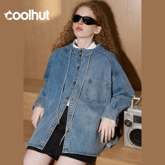 COOLHUT Design 2025 Women's Spring Hooded Button Front Distressed Denim Jacket Oversized Washed Coat Drawstring Waist Mid-Length