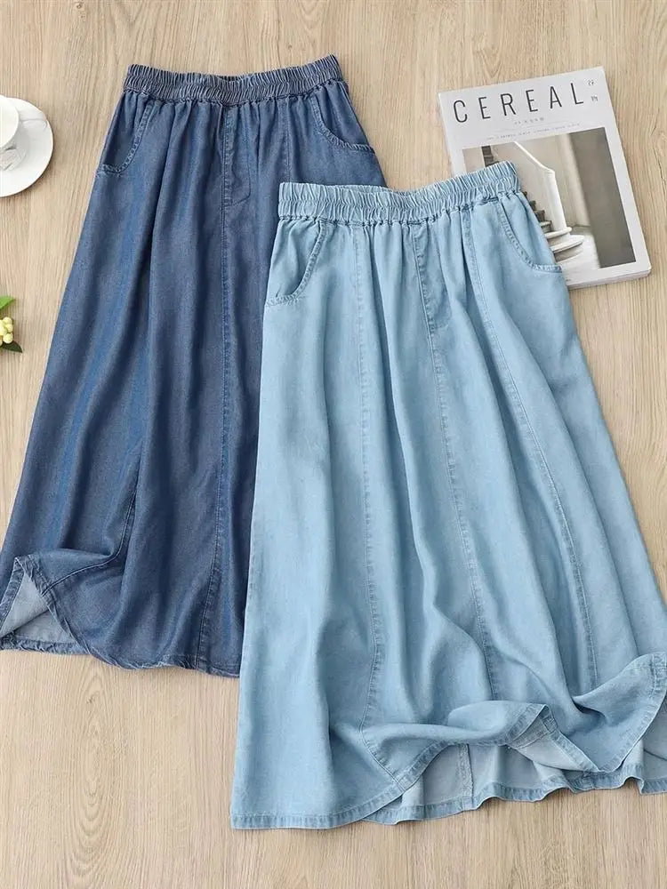 Soft Denim Skirt Women's Summer New Thin Style Large Size Jean Skirt Korean Version Loose High Waisted Elastic A-line Skirts