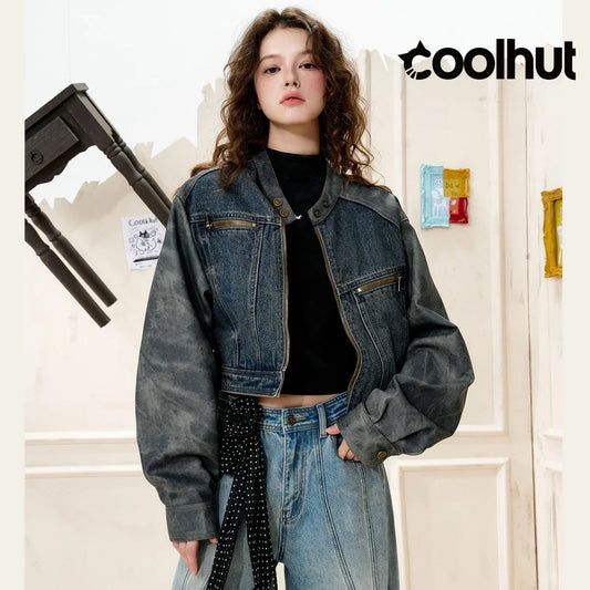 COOLHUT New Arrival Women's 2025 American Style Denim Jacket Stand Collar Color Block PU Trim Slim Fit Casual Fall Outerwear