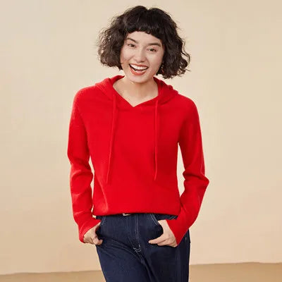 Autumn and winter new women's sweater 100% pure cashmere knitted hooded collar pullover soft solid color hot selling women's top