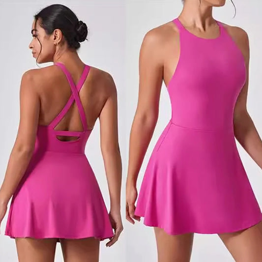Cross Backless Tennis Dress Women Removable Chest Pad Sports Outdoor Fitness Dresses