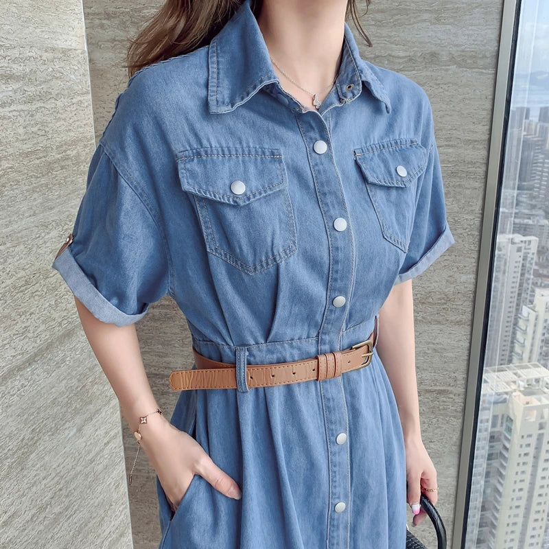 Women Denim Dress Vintage Turn-Down Collar Pockets Single Breasted Slim Korean Fashion Casual Clothes + Belt One Denim Long Robe