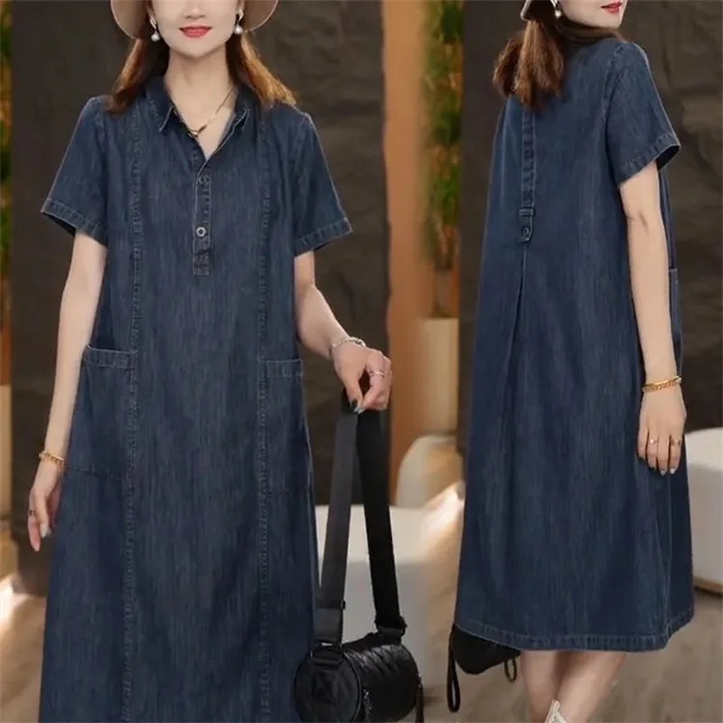 Short sleeved Shirt Denim Dress for women 2025 Summer New Korean version Loose with pockets Casual Thin Denim Dress Female