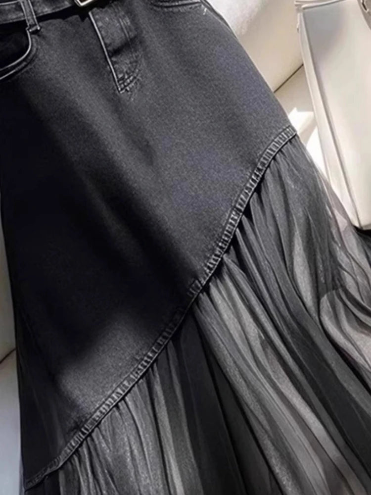 French Elegant Fashion Women's Plus size Hight Waist A Line Denim Patchwork Skirt Female Summer Casual Lone Skirt Office Clothes