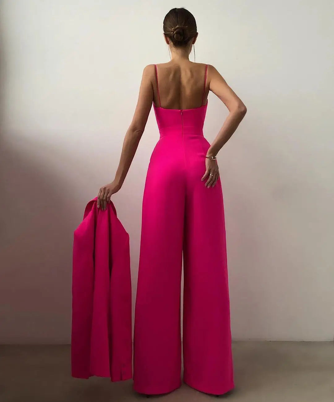 Chic Spaghetti Straps Wide Leg Pants Jumpsuits Elegant Fashion Women Ladies V-Neck High Waist Long Rompers Sleeveless Suit