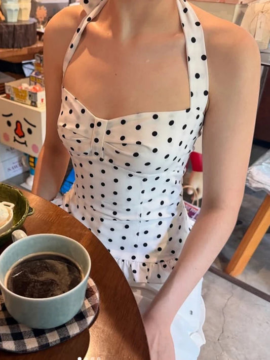 Weird Puss Polka Dot Print Top Women Halter Low-Neck Bandage Ruffles Backless Sleeveless Skinny Summer Trend Street Basic Vest