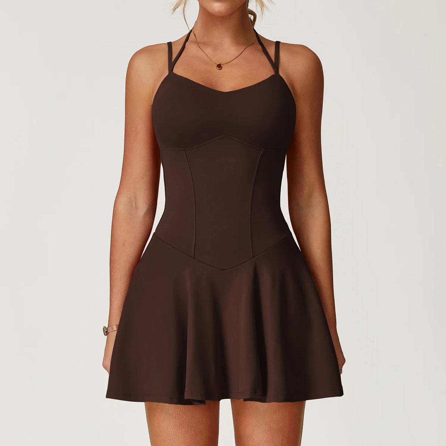 Sexy Backless Tennis Bodycon Dress with Shorts Pocket Women Sportwear One Piece Gym Set Sleeveless Yoga Fitness Mini Dress Black