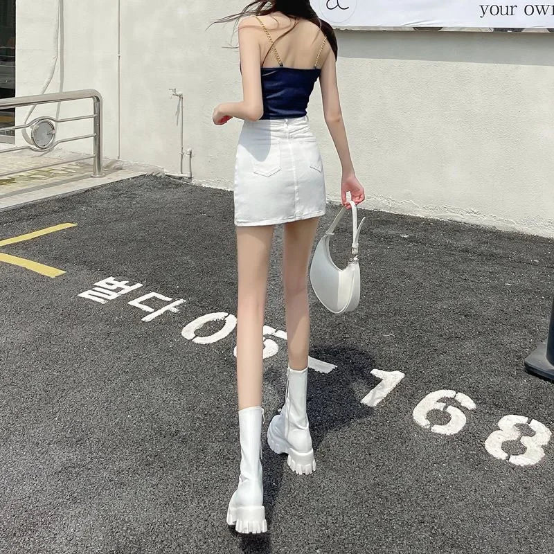 Xpqbb White Denim Skirts Women Spring Summer Korean High Waist Package Hip Skirt Woman Casual Simple Wild Jean Mini Skirts
