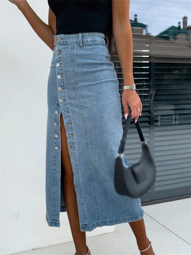 Women's Denim Skirt Solid Color High Waist Oblique Button Up Split Long Skirt for Travel Party