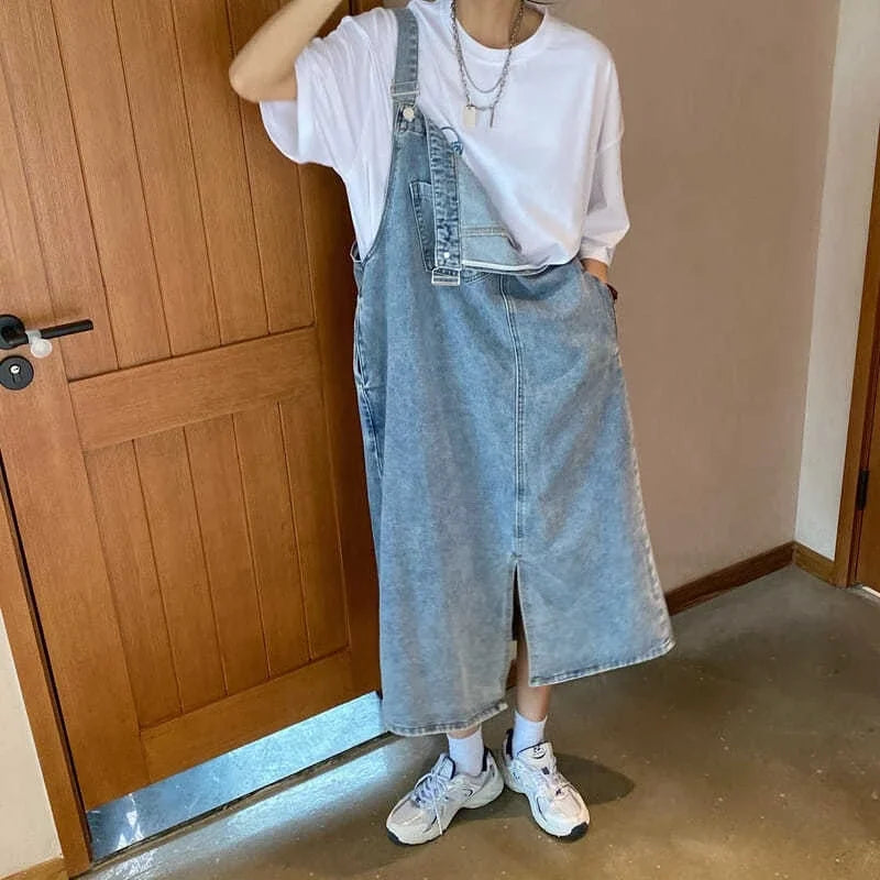 Women Denim Overall Dress Irregular Chest Pocket Side Split Fashion Sleeveless Jeans Dress Spaghetti Strap Dresses Jumper Dress