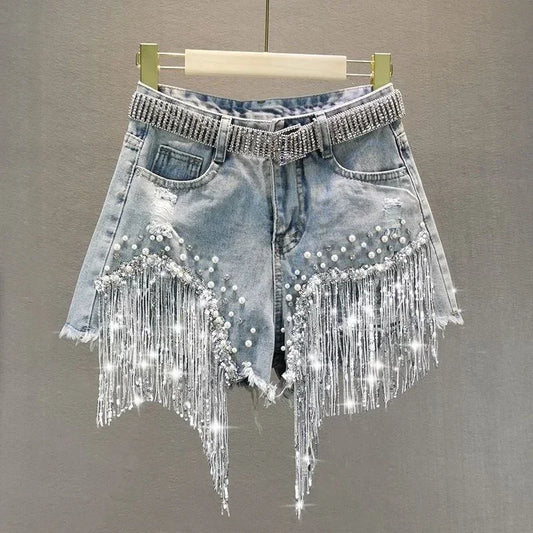 Summer Elegant Female Casual Shorts Jeans Women Clothing Hot PantsShorts Lady Tassel Beading High Waist Wide Leg Denim Shorts