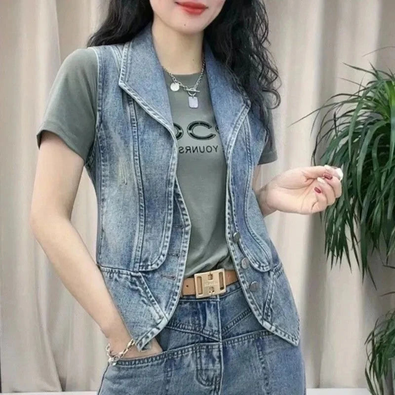 Women's Jacket Spring And Autumn 2025 New Fashion Sleeveless Versatile Ladies Denim Vest Coat Short Elegant Female Tank Top