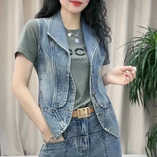 Women's Jacket Spring And Autumn 2025 New Fashion Sleeveless Versatile Ladies Denim Vest Coat Short Elegant Female Tank Top